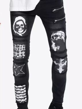 Hot Topic Black Slim Patchwork Skull Jeans